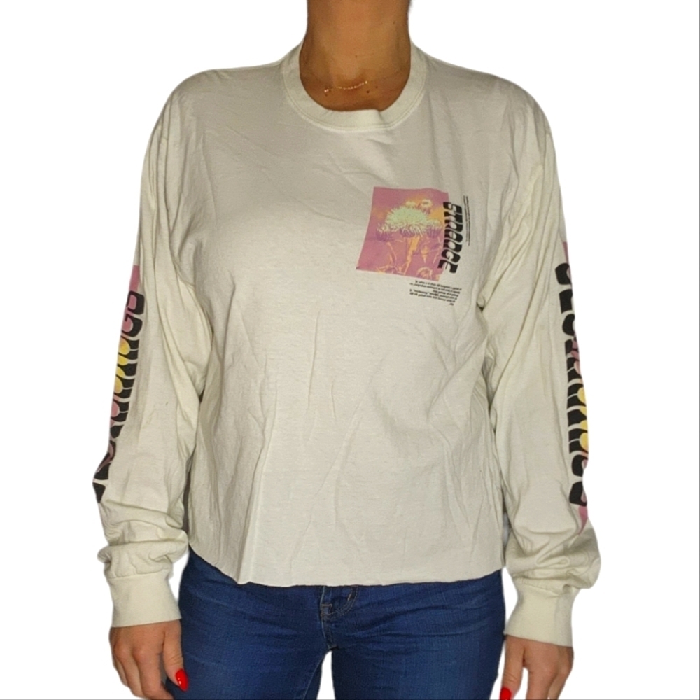 PacSun Long Sleeve Cotton Shirt Large Of White STRANGE Printed Sleeves and Back - Picture 3 of 4